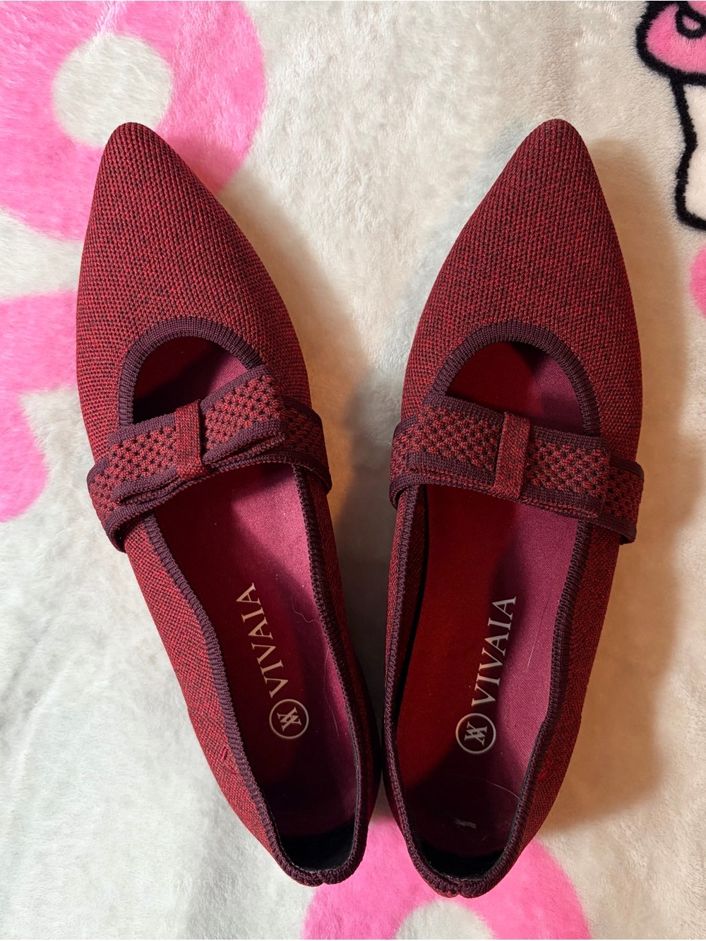 Women's VIVAIA Pointed-Toe Bow Knit Burgundy Flats Size 40
